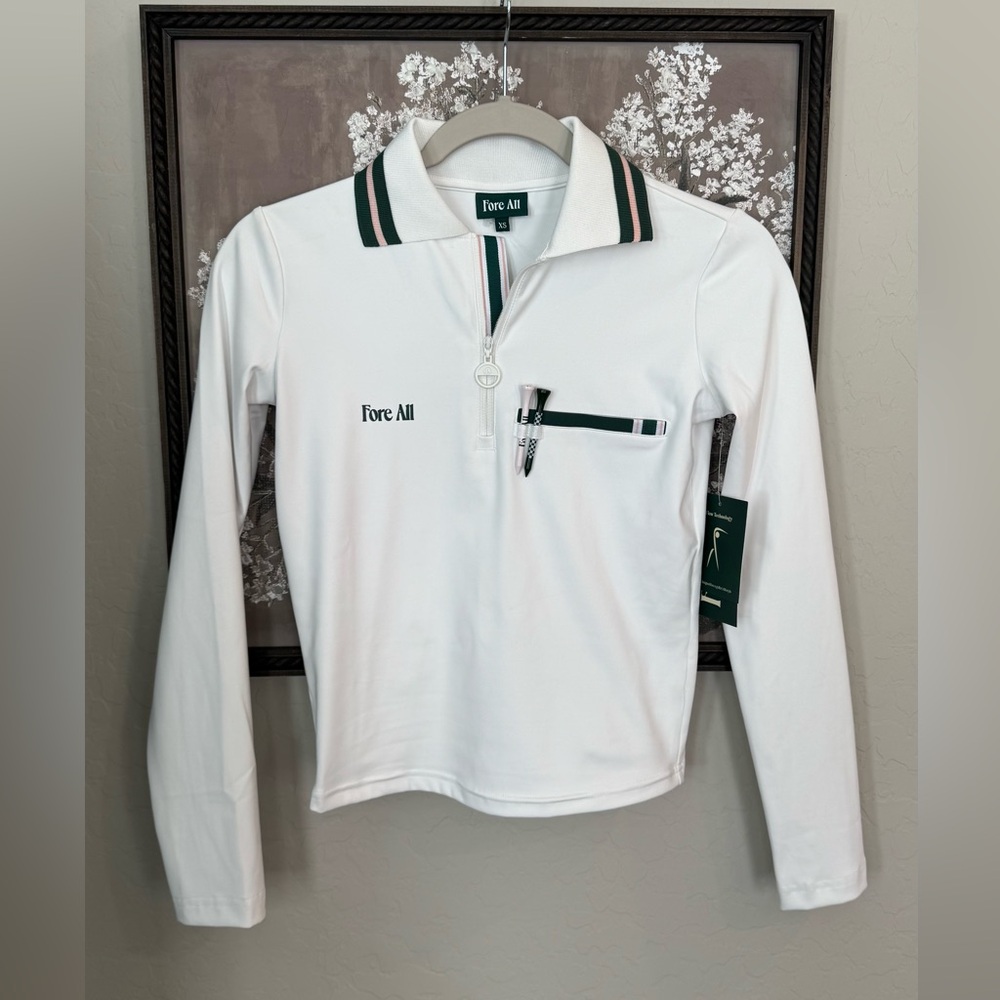 Fore All White Long Sleeve Polo with Green Trim